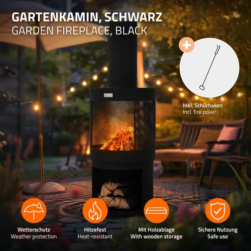 Gartenkamin ML DESIGN - Moderner Terrassenofen mit Schornstein und Schürhaken - Feuerschalen, wetterbeständig aus pulverbeschichtetem Stahl, inkl. Schürhaken für sicheres Nachlegen von Holz – ideal für gemütliche Abende im Freien.