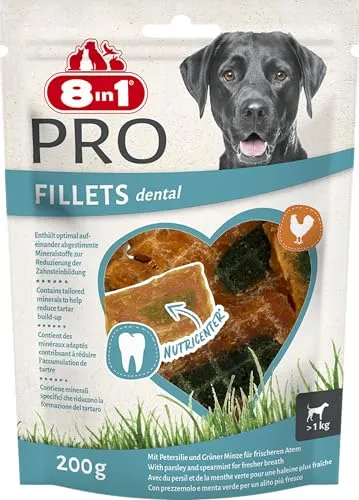 8in1 Pro Fillets Dental - Hunde-Snack mit Hähnchen, funktionale Leckerlis für ausgewachsene Hunde, mit speziellen Mineralstoffen, um Zahnstein zu reduzieren, 200g Beutel