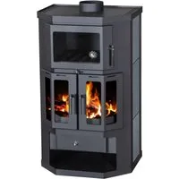 Victoria 05 Kaminofen EEK A mit Backfach und Herdplatte - Kaminofen mit Specksteinverkleidung und geräumigem Brennraum, ideal zum Kochen und Backen ohne Strom. Genießen Sie das beeindruckende Feuerpanorama und die hohe Effizienz von 77%.