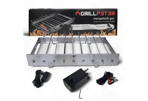 Grillpeter Grillspieß Mangal mit Elektromotor - Grillspießaufsatz für 9 Spieße mit leistungsstarkem Elektromotor, einstellbarer Geschwindigkeit und gleichmäßiger Grillung für zartes Fleisch. Ideal für Grillliebhaber!