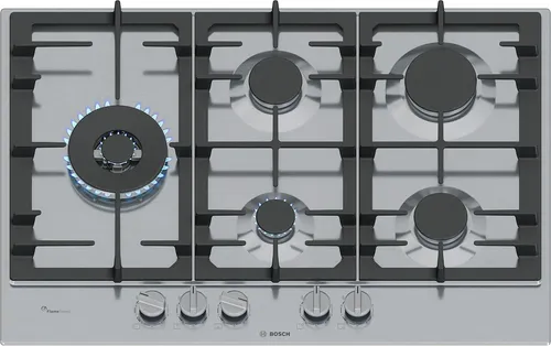Bosch Serie 6 PCS7A5I90 Gaskochfeld 75 cm Edelstahl - Integriertes Gaskochfeld mit 5 Kochzonen und Wokbrenner für vielseitiges Kochen. Die benutzerfreundliche Steuerung erfolgt über Drehregler. Hochwertige Edelstahl-Oberfläche für einfache Reinigung.