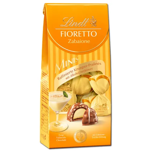 Lindt FIORETTO Minis Zabaione - 115 g - Schokoladenriegel mit 10 Pralinés, gefüllt mit luftiger Zabaione-Trüffel und umhüllt von knusprigem Crisp – ideal als Geschenk oder für den persönlichen Genuss.
