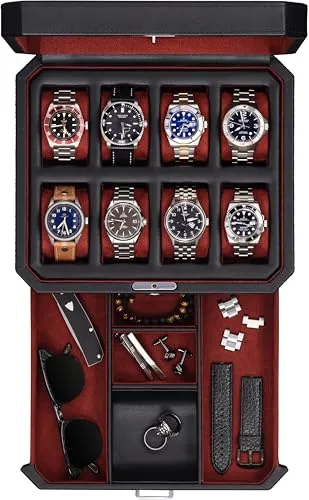 ROTHWELL Uhrenbox aus Leder mit 8 Schlitzen und Aufbewahrungsschublade – Luxus-Uhrengehäuse, Schmuck-Organizer, verschließbare Uhrenvitrine, Echtglas-Oberseite – Uhrenbox-Organizer für Damen und