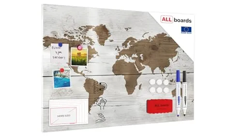 ALLboards Metallische Magnettafel WELTKARTE HELL, 90x60cm - Magnettafel für jede Art von Magneten, abwischbar und mit realistischem Druck – ideal als einzigartige Dekoration für Ihr Zuhause oder Büro.