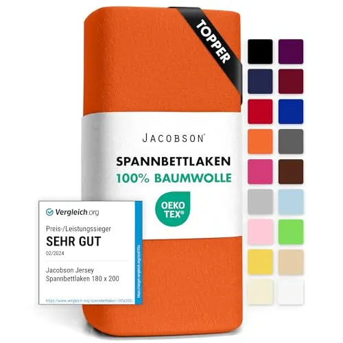 Jacobson Jersey Spannbettlaken Spannbetttuch Baumwolle Bettlaken (Topper 180-200x200 cm, Orange)