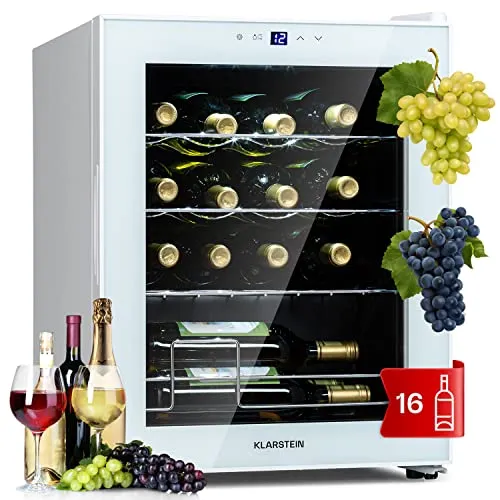 Klarstein Shiraz Weinkühlschrank Freistehend, Kleiner Getränkekühlschrank für Wein, Prosecco & Bier, 1 Zone Weinkühlschrank mit Glastür & Touch-Bedienfeld, Kühlschrank Klein, 5-18°C, 16 Flaschen