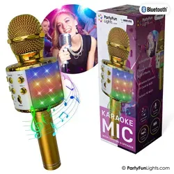PartyFunLights Bluetooth Karaoke-Mikrofon mit Beleuchtung und Lautsprecher in Gold - Erleben Sie unvergessliche Karaoke-Abende mit dem Bluetooth Mikrofon in Gold. Integrierte Beleuchtung und Lautsprecher sorgen für eine festliche Atmosphäre.