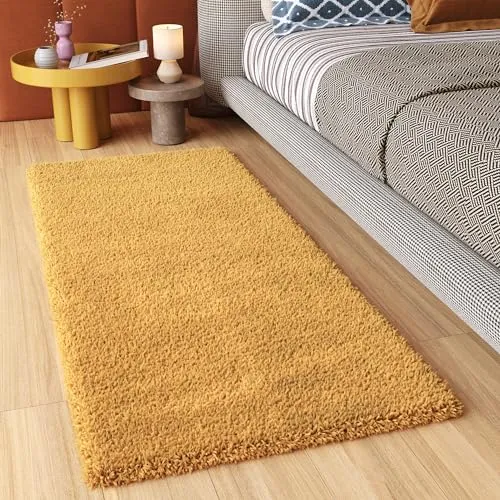 TAPISO Essence Teppich Läufer Shaggy Hochflor Senfgelb 100 x 300 cm - ESSENCE - Flauschiger Shaggy-Teppich für eine einladende Atmosphäre in jedem Raum. Ideal für Schlafzimmer, Wohnzimmer oder Flur. Pflegeleicht und aus hochwertigem Polypropylen für dauerhafte Qualität.