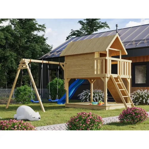 Stelzenhaus Fidel mit Rutsche und Doppelschaukelanbau - Spielplatz für Kinder mit stabiler Fichtenkonstruktion, inklusive Rutsche mit Wasserrutschen-Option und Doppelschaukel für unendlichen Spielspaß.
