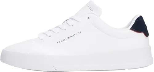 Tommy Hilfiger Herren Court Sneaker Detail Essential aus Leder, Weiß - Herren-Sneaker mit flachem Narben-Finish und kontrastierendem Fersen-Einsatz, perfekt für einen sportlichen Look im Alltag.