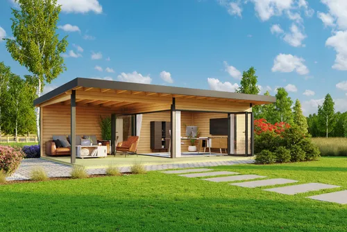 Gartenhaus Blockhaus Pultdach 70 mm Domeo 10 - Gartenhaus mit 19,01 m² Nutzfläche und abschließbarer Falttür, ideal für Gartenliebhaber und als Freisitz, aus robustem Holz mit 5 Jahren Herstellergarantie.