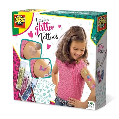 SES Glitzertattoos - Kreatives Basteln ab 5 Jahren - Inhalt: Tattoo-Aufkleber, 4 Glitzerfarben und Pinsel. Ideal für kreative Gestaltung und einfach abwaschbar. Perfekt für Kinder ab 5 Jahren, um ihrer Fantasie freien Lauf zu lassen.