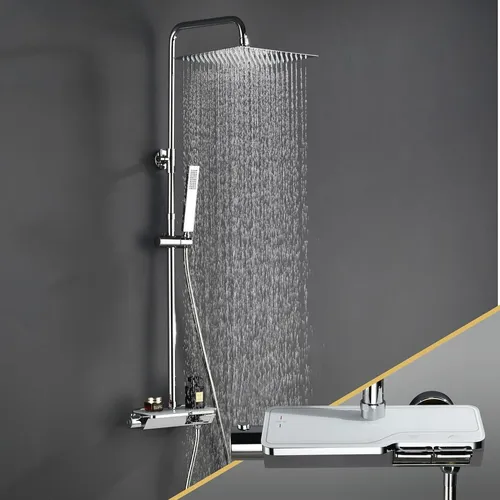 Görbach Regendusche Duschset mit Thermostat – Komplettset für luxuriöse Duscherlebnisse - Badewannen- & Duschsysteme mit XXL-Kopfbrause aus rostfreiem Edelstahl, intelligentem Thermostat für sichere Wassertemperatur und höhenverstellbarer Duschstange für individuelle Anpassung.
