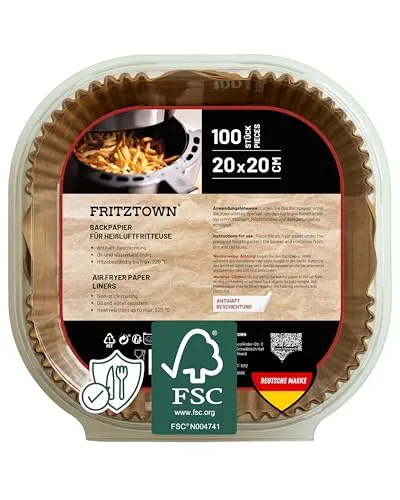 FRITZTOWN Backpapier für Heißluftfritteuse 4,5L-8L | Air Fryer Backpapier Pergamentpapier | 100 Blatt 20x20 cm Quadratisch | Kompatibel mit Ninja COSORI Philips Cecotec Midea Russell XL XXL Airfryer