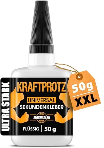 KRAFTPROTZ Sekundenkleber extra stark – XXL 50 g Superkleber - Klebstoff für präzise Reparaturen – transparent, wasserfest und hitzebeständig; ideal für Holz, Metall, Kunststoff und Glas, perfekt für DIY und Modellbau.