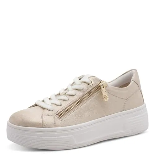 Tamaris Comfort Damen Sneaker Low 8-83726-44 BEIGE Glam - Stylischer Damen Sneaker in Beige mit herausnehmbaren Fußbett für optimale Anpassung. Die Kombination aus Schnürung und Reißverschluss sorgt für mühelosen Tragekomfort – ideal für den Alltag.