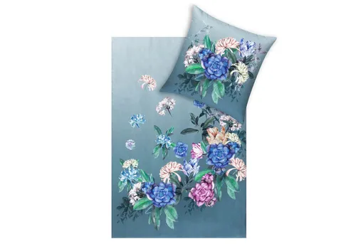 Estella Bettwäsche Alice 4821 581 Blautanne, Mako-Satin, 2 teilig, Blumen, Blüten, Pfingstrosen