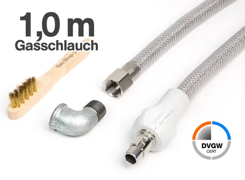 1,0 m Edelstahlschlauch  Edelstahl Gasschlauch + Winkel f. Gasanschluss Allgas