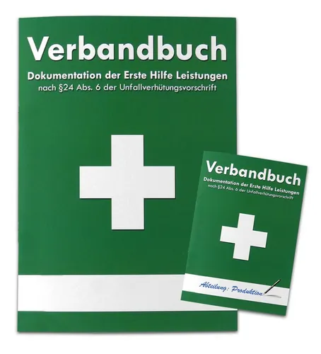 Verbandbuch für Betriebe & Organisationen DIN A5 - GRÜN - DIN A5 Verbandbuch zur Unfall-Dokumentation, wichtig für Betriebe und Vereine, um Unfälle nachzuverfolgen und Versicherungsschutz zu gewährleisten. Mit Eintragstabelle für Ersthelfer und wichtige Informationen zur Prävention.