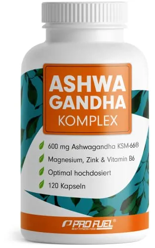 ProFuel Ashwagandha Komplex KSM-66 (120 Kapseln) - Nahrungsergänzungsmittel für Stressbewältigung mit 600 mg KSM-66® Ashwagandha, Magnesium, Zink & Vitamin B6 - fördert die psychische Funktion und das Wohlbefinden - 100% vegan und optimal hochdosiert für 60 Tage.