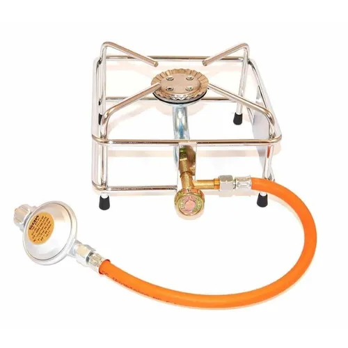 Hocker Kocher SET 2,5 KW mit Schlauch und Druckminderer - Praktischer Hocker Kocher für Propan-Butangas, aus robustem Edelstahl, ideal für Camping und Outdoor-Einsätze.