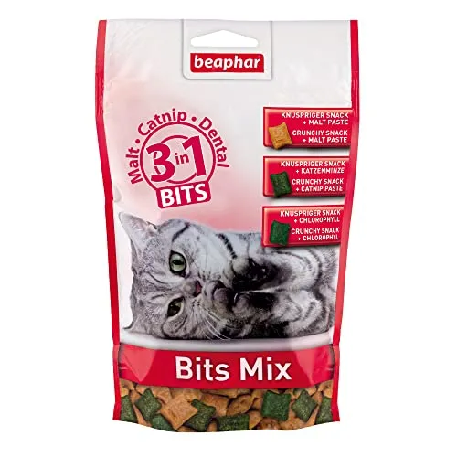 Beaphar Bits Mix - Für Katzen - 3 in 1 - Malt - Catnip - Dental - Katzensnacks - 1er Pack (1 x 150 g)