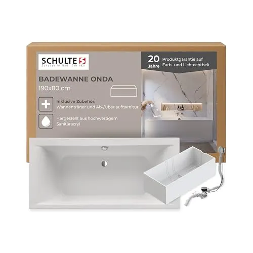 Schulte Badewanne Onda 190x80 cm, Komplettset mit Wannenträger und Ablauf - Freistehende Badewanne für 2 Personen, ergonomisch gestaltet aus hochwertigem, pflegeleichtem Acryl, das Wärme speichert und lange Badespaß garantiert.