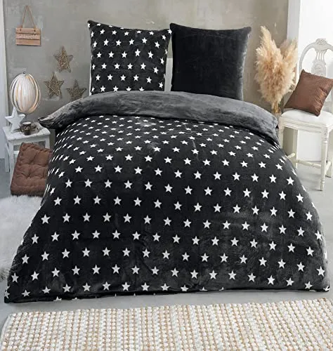 MALIKA Winter Plüsch Bettwäsche 'Cashmere Touch' in Schwarz, 200 x 200 cm - Kuschelige Wende-Bettwäsche aus 100% Cashmere Polyester für angenehme Wärme im Winter. Pflegeleicht, bei 60° waschbar und mit 2 Kissenbezügen. Öko-Tex 100 zertifiziert – ideal für Allergiker!
