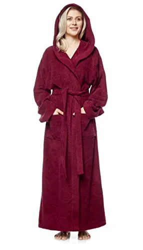 Arus Damenbademantel mit Kapuze Pandora, Bordeaux, knöchellang - Bademantel für Damen, aus 100% schadstofffreier Baumwolle, mit Kapuze und zwei großen Taschen, ideal für Sauna und Wellness, in eleganter, knöchellanger Ausführung.