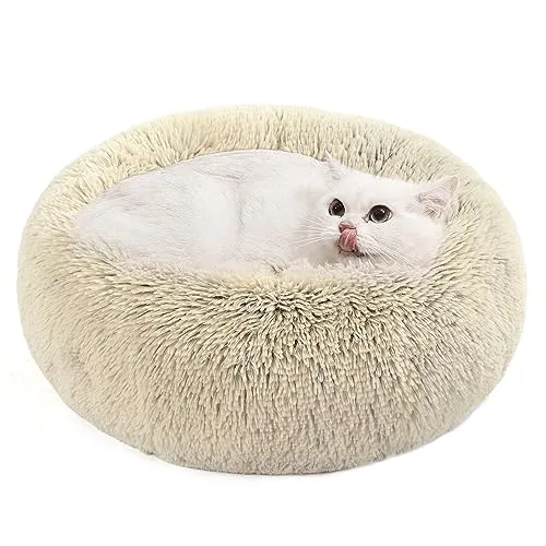Feandrea Hundebett flauschig, Katzenbett, Donut Kissen, waschbar, Polsterung in der Mitte herausnehmbar, Langer Plüsch, 50 cm Durchmesser, Ombré-Khaki PGW037S01