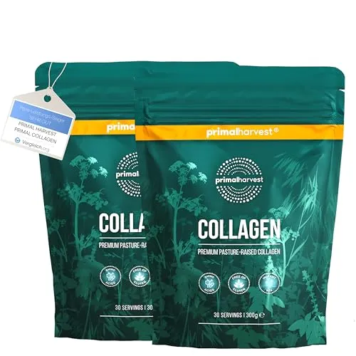 Primal Harvest Collagen Pulver - Bioaktives Premium Collagen Complex (60 Portionen) - Kollagen-Präparate mit optimaler Löslichkeit ohne Klumpen. Unser geschmacksneutrales Premium-Rinderkollagen stammt von nachhaltig gefütterten Weiderindern und ist frei von Zusatzstoffen.
