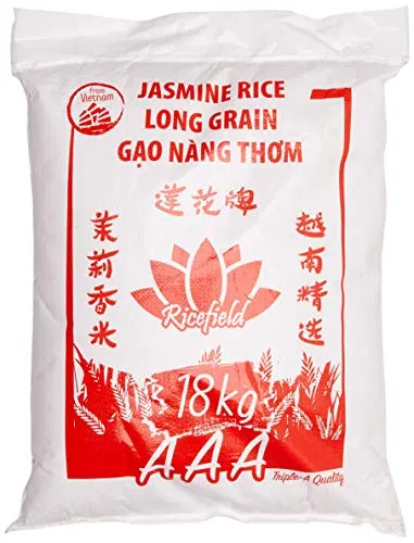 RICEFIELD Jasminreis 100% - Langkorn, 18 kg - Premium Langkorn Jasminreis aus Vietnam, ideal für indische Currys und vielseitige Gerichte. Lassen Sie Ihrer Kreativität beim Kochen freien Lauf!