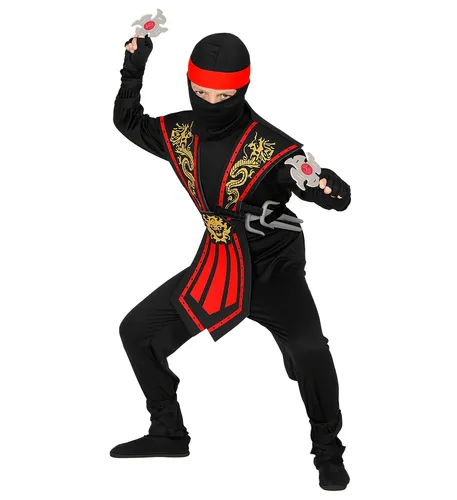 ROTER KOMBAT NINJA MIT WAFFENSET - Jungenkostüm mit Overall, Brustrüstung und 4tlg. Waffen-Set, perfekt für Fasching und kreative Rollenspiele.