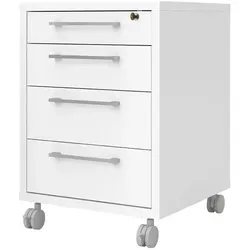 Tvilum Rollcontainer PRIMA, 48 x 68 cm, Weiß - Praktischer Rollcontainer mit 4 Schubladen, darunter eine abschließbare, ideal für sicheres Verstauen im Büro. Mit modernen silbergrauen Griffen und stabilen Rollen für optimale Mobilität.