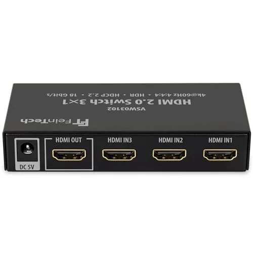 FeinTech VSW03102 HDMI Switch 3x1 - Video Umschaltpulte mit automatischer Umschaltung, unterstützt 4K 60Hz HDR und ermöglicht den Anschluss von bis zu 3 Geräten an Ihren Ultra-HD Fernseher.