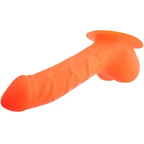 TOYLIE Latex Penishülle Carlos Schaftlänge: 15cm Neon Orange mit Basisplatte zum ankleben an Latexkleidung - geäderter Penis-Sleeve mit großem Hodensack und ausgeprägter Eichel - MADE IN GERMANY