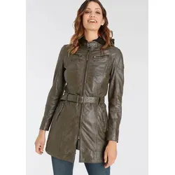 Mauritius Ledermantel BENTE2 - Lange Lederjacke mit Gürtel und abnehmbarem Kapuzen-Inlay - Funktionsjacken, elegante olivgrüne Lederjacke aus 100% Schafsleder mit abnehmbarer Kapuze und figurbetontem Schnitt, ideal für stilbewusste Frauen.