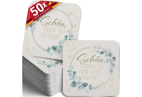 Funke & Brand Bierdeckel Eukalyptus "Schön, dass du da bist" 50 Stück - Tischdeko Hochzeit