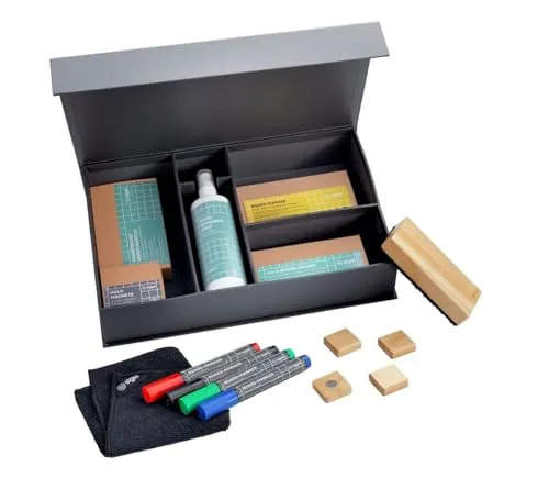 SIGEL BA311 Starterset für Whiteboards und Glas-Magnettafeln - Whiteboard-Zubehör für kreatives Arbeiten, inkl. 4 abwischbare Marker, Holz-Magnete, Eraser mit Ersatzpad und Reinigungsspray. Ideal für Meetings und Workshops.