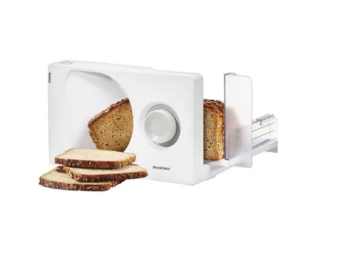 SilverCrest Allesschneider SAS 100 A1 - Kompakter Allesschneider mit abnehmbarem Wellenschliffmesser, ideal für Brot, Wurst, Käse und Gemüse. Individuelle Schnittbreiteneinstellung bis 17 mm für perfekte Ergebnisse.