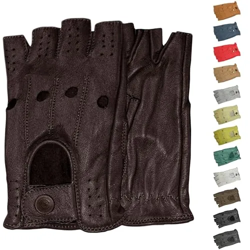 German Wear Driving Halbfinger Lederhandschuhe für Autofahrer (Dunkelbraun, Größe 7=S) - Dünne Lamm-Nappalederhandschuhe im Retro-Look, angenehm zu tragen und mit Druckknopfverschluss. Ideal für stilvolle Autofahrten.