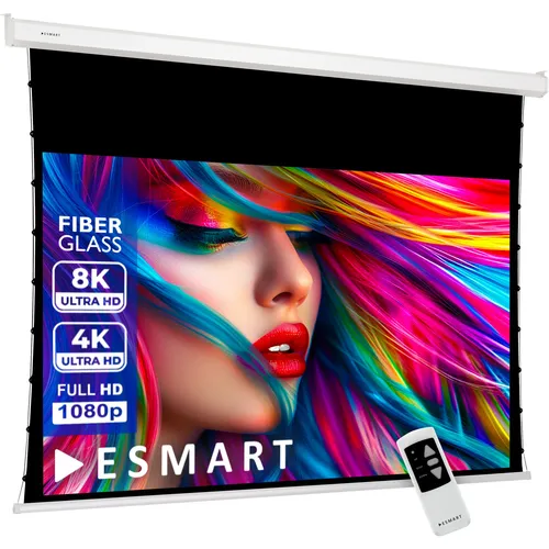 ESMART Pro TATENSO Tageslicht Tension Leinwand GRAU 221x125 cm (100") 16:9 - Motorisierte Beamer-Leinwand in Grau, ideal für professionelle Präsentationen mit einem hochwertigen 3-schichtigen Gewebe für optimale Bildqualität.