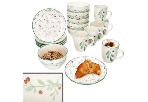 MamboCat Tafelservice 18tlg Frühstücksset Holly Steingut 6 Personen Teller Schale Becher, Steingut, Weihnachtsgeschirr, Weihnachten, Weihnachtsset, Geschirr