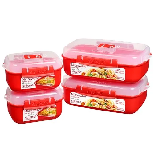 Sistema Microwave-Heat & Eat Frischhaltedosen Set - Vorratsdosen-Sets mit 4 langlebigen Mikrowellenbehältern, ideal für Essensreste und Meal Prep. Belüftungsventile ermöglichen spritzfreies Erhitzen, BPA-frei und spülmaschinengeeignet.