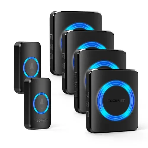 TECKNET Funkklingel, IP65 Funk klingel Set Aussen Wasserdicht, Kabellose Türklingel 600m Reichweite, Haustür Klingel 2 Sender 4 Plug-In-Empfänger, 60 Melodien Doorbell und Klingelknopf Mit LED-Blitz