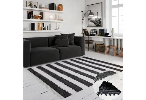 my home Teppich Benja, Handweb Teppich in Schwarz - Rechteckiger Teppich (160x230 cm) aus 90% Baumwolle, handgewebt und strapazierfähig. Ideal für ein modernes Zuhause, pflegeleicht und schallschluckend.