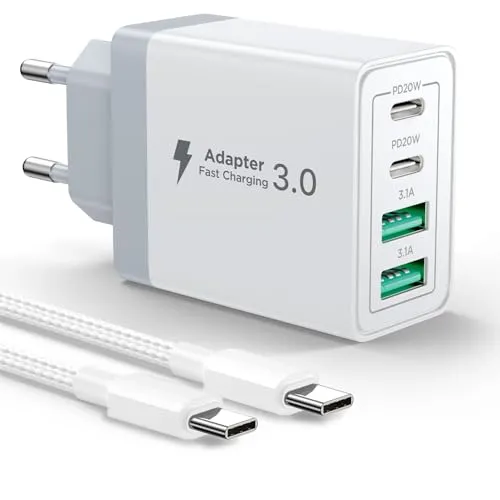 USB C Ladegerät, 4 Ports Mehrfach Ladegerät mit USB-C auf USBC Kabel 2M, 40W USBC Netzteil PD 3.0 Power Adapter USB Stecker für iPhone, Samsung, Handys Schnellladegerät Ladeladapter Ladestecker