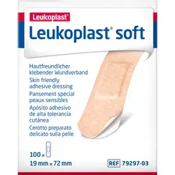 Leukoplast Soft Strips 19 x 72 Mm 100 ST - Pflaster für empfindliche Haut, besonders hautfreundlich und anschmiegsam, ideal zur schnellen Versorgung von Schrammen und kleinen Verletzungen.