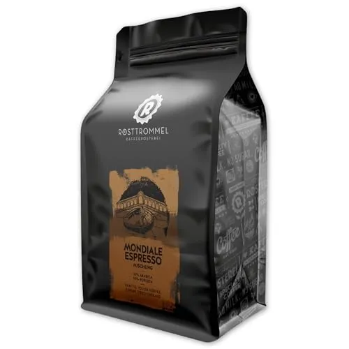 RÖSTTROMMEL Mondiale Espresso, Ganze Kaffee-Bohnen 1kg - Geröstete Kaffeebohnen mit 50% Arabica und 50% Robusta, cremig und kräftig im Geschmack, ausgezeichnet von "DER FEINSCHMECKER" als eine der besten Röstereien Deutschlands.