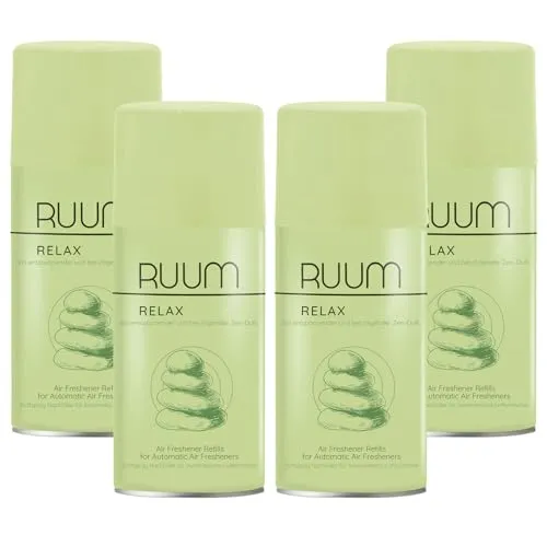 RUUM Lufterfrischer Nachfüller 4er Pack Relax - Duft Nachfüller kompatibel mit Air Wick Freshmatic, Glade Brise - 4x 250 ml Duftspray für Geruchsneutralisierung & Frische